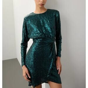 Donna Morgan Green Sequin Mini Dress Size 12 Semi-Formal Blouson Designer $188